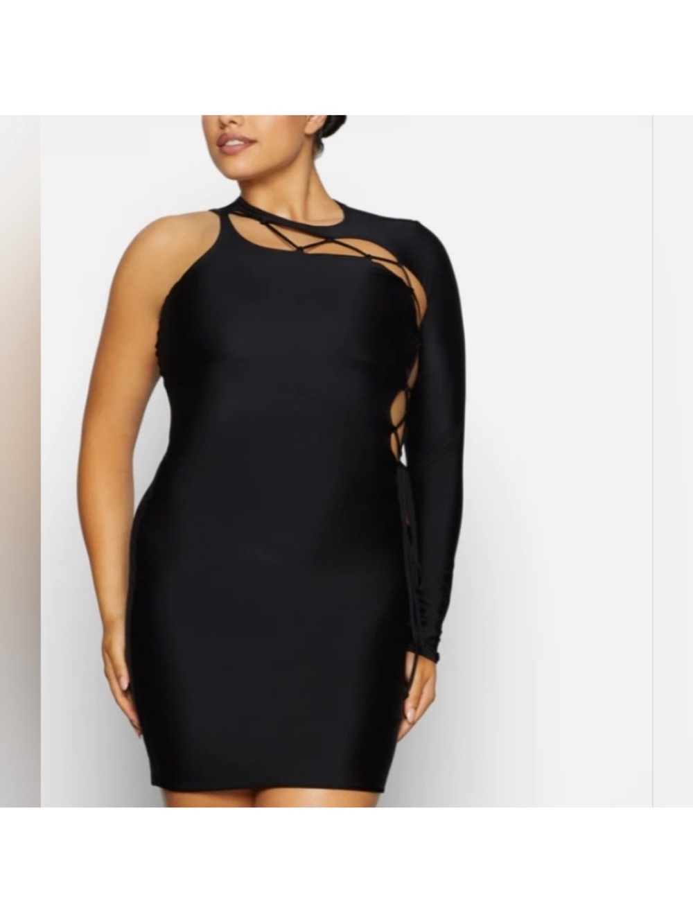 Skims Lace Up Mini Dress Black Onyx One Shoulder Bodycon Stretch Size Small